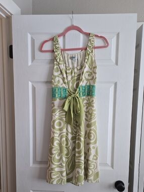 Beth Bowley Cream and Light Green Floral Dress with Tie Waist